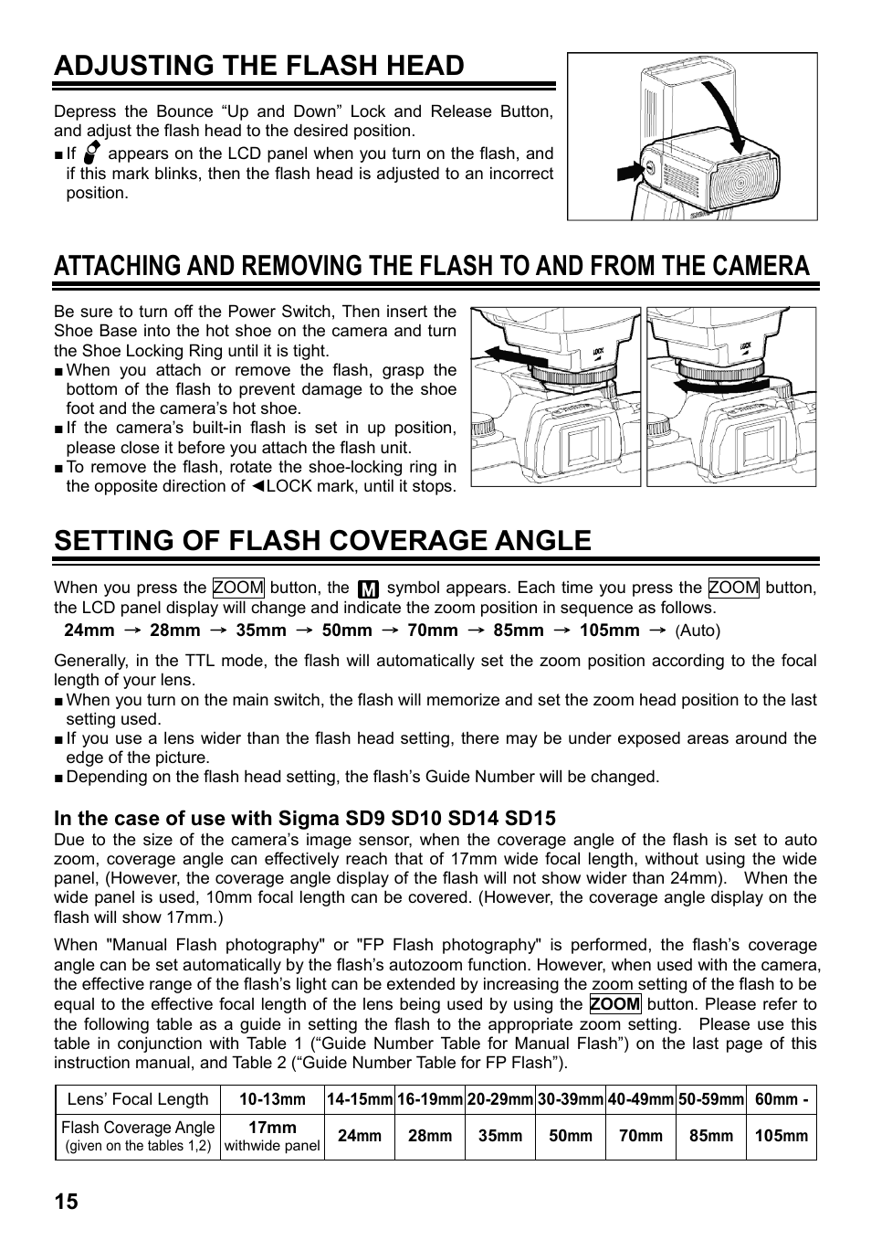 Adjusting the flash head, Setting of flash coverage angle | SIGMA ELECTRONIC FLASH EF-610 DG SUPER SA-STTL (シグマ用) User Manual | Page 16 / 136