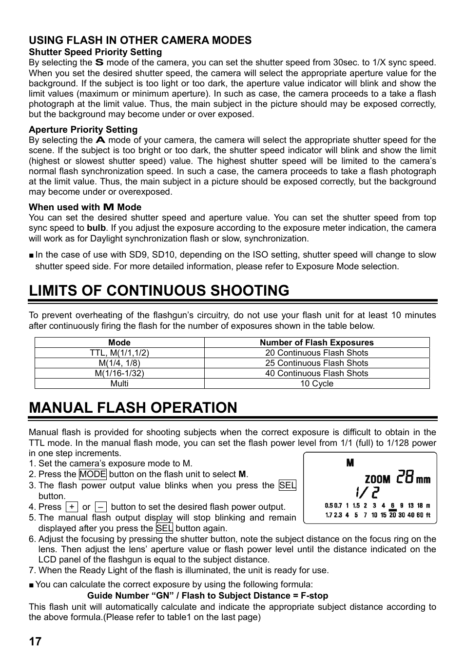 Limits of continuous shooting, Manual flash operation, Using flash in other camera modes | SIGMA ELECTRONIC FLASH EF-610 DG SUPER SA-STTL (シグマ用) User Manual | Page 18 / 136