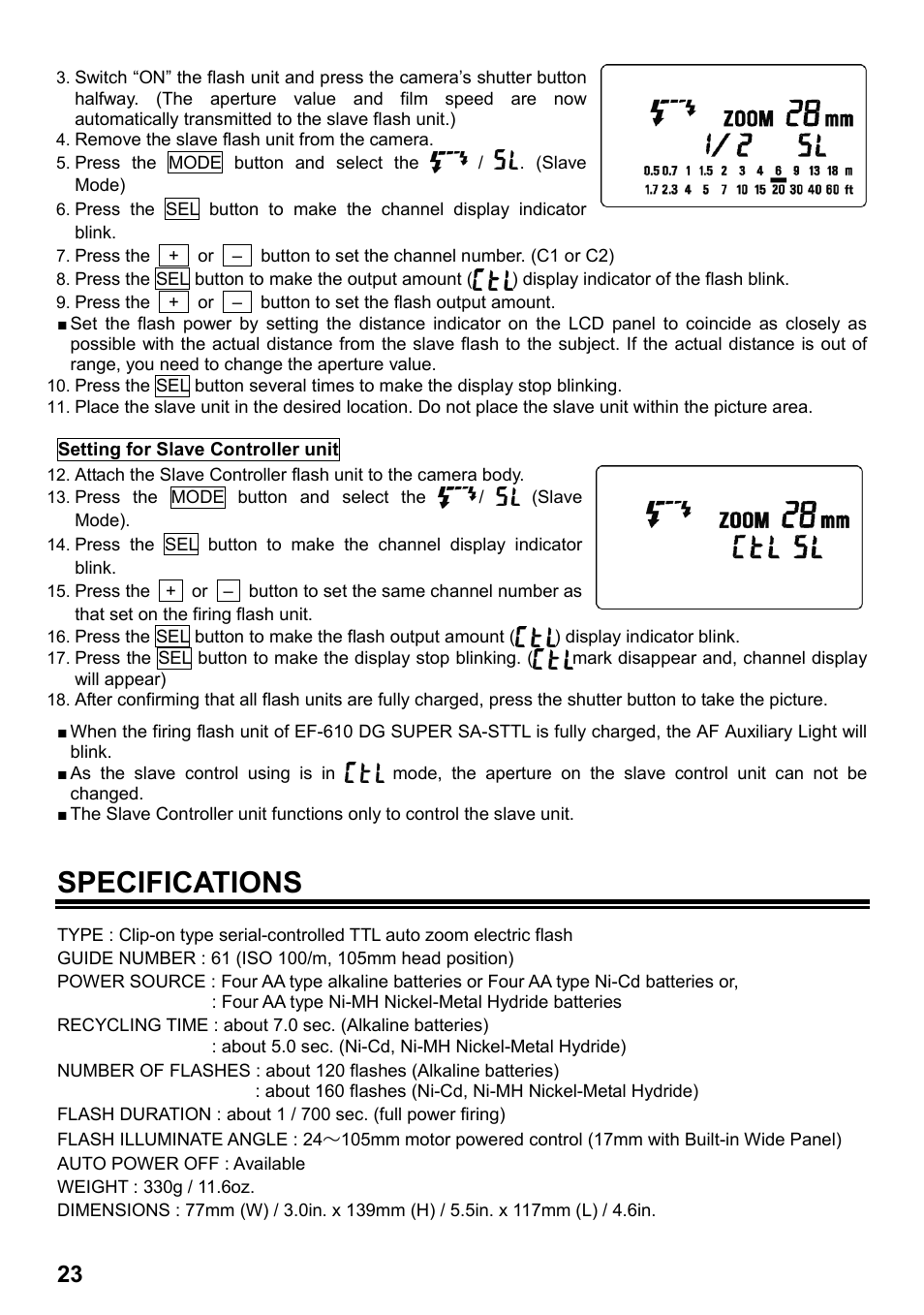 Specifications | SIGMA ELECTRONIC FLASH EF-610 DG SUPER SA-STTL (シグマ用) User Manual | Page 24 / 136