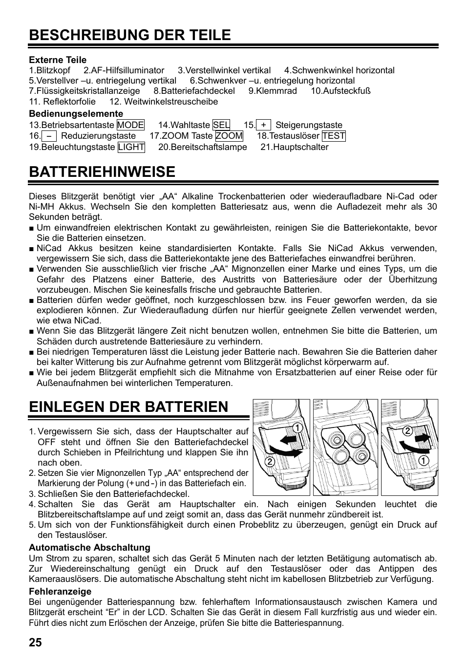 Beschreibung der teile, Batteriehinweise, Einlegen der batterien | SIGMA ELECTRONIC FLASH EF-610 DG SUPER SA-STTL (シグマ用) User Manual | Page 26 / 136