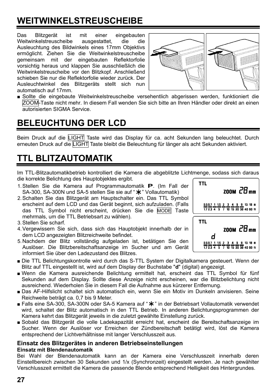 Weitwinkelstreuscheibe, Beleuchtung der lcd, Ttl blitzautomatik | SIGMA ELECTRONIC FLASH EF-610 DG SUPER SA-STTL (シグマ用) User Manual | Page 28 / 136