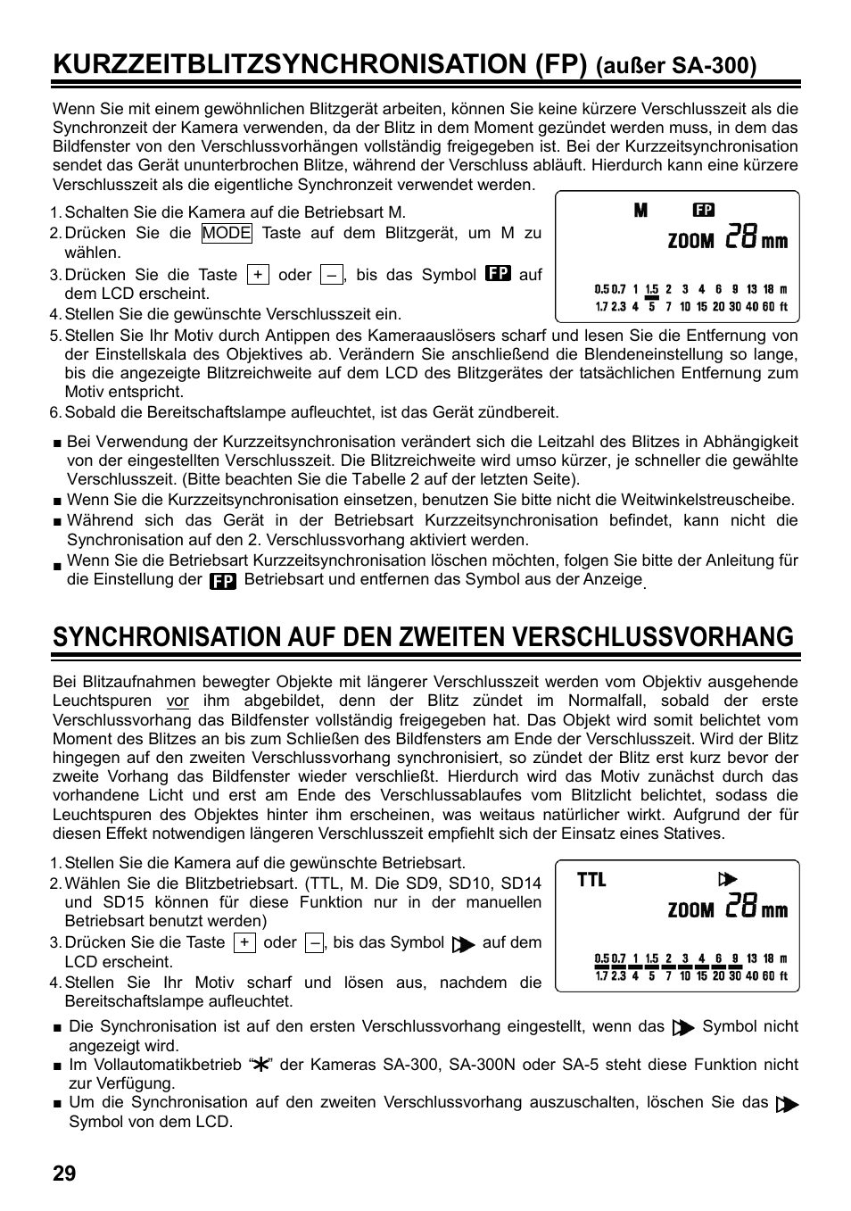 Kurzzeitblitzsynchronisation (fp), Synchronisation auf den zweiten verschlussvorhang, Außer sa-300) | SIGMA ELECTRONIC FLASH EF-610 DG SUPER SA-STTL (シグマ用) User Manual | Page 30 / 136