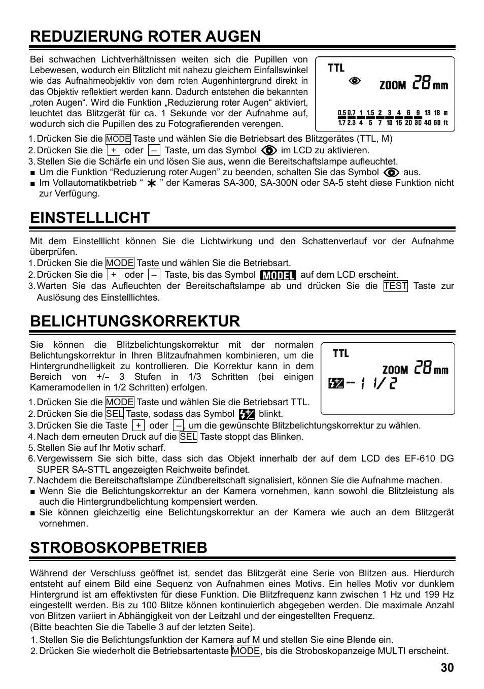 Reduzierung roter augen, Einstelllicht, Belichtungskorrektur | Stroboskopbetrieb | SIGMA ELECTRONIC FLASH EF-610 DG SUPER SA-STTL (シグマ用) User Manual | Page 31 / 136