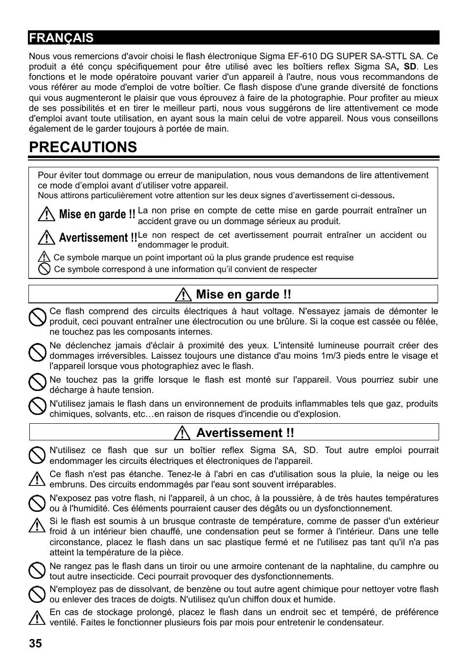 Precautions, Français, Mise en garde | Avertissement | SIGMA ELECTRONIC FLASH EF-610 DG SUPER SA-STTL (シグマ用) User Manual | Page 36 / 136