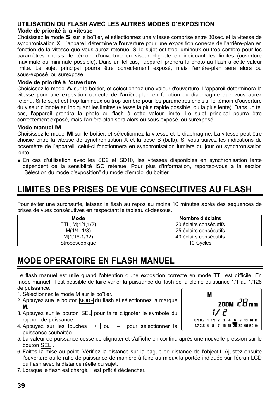 Limites des prises de vue consecutives au flash, Mode operatoire en flash manuel | SIGMA ELECTRONIC FLASH EF-610 DG SUPER SA-STTL (シグマ用) User Manual | Page 40 / 136