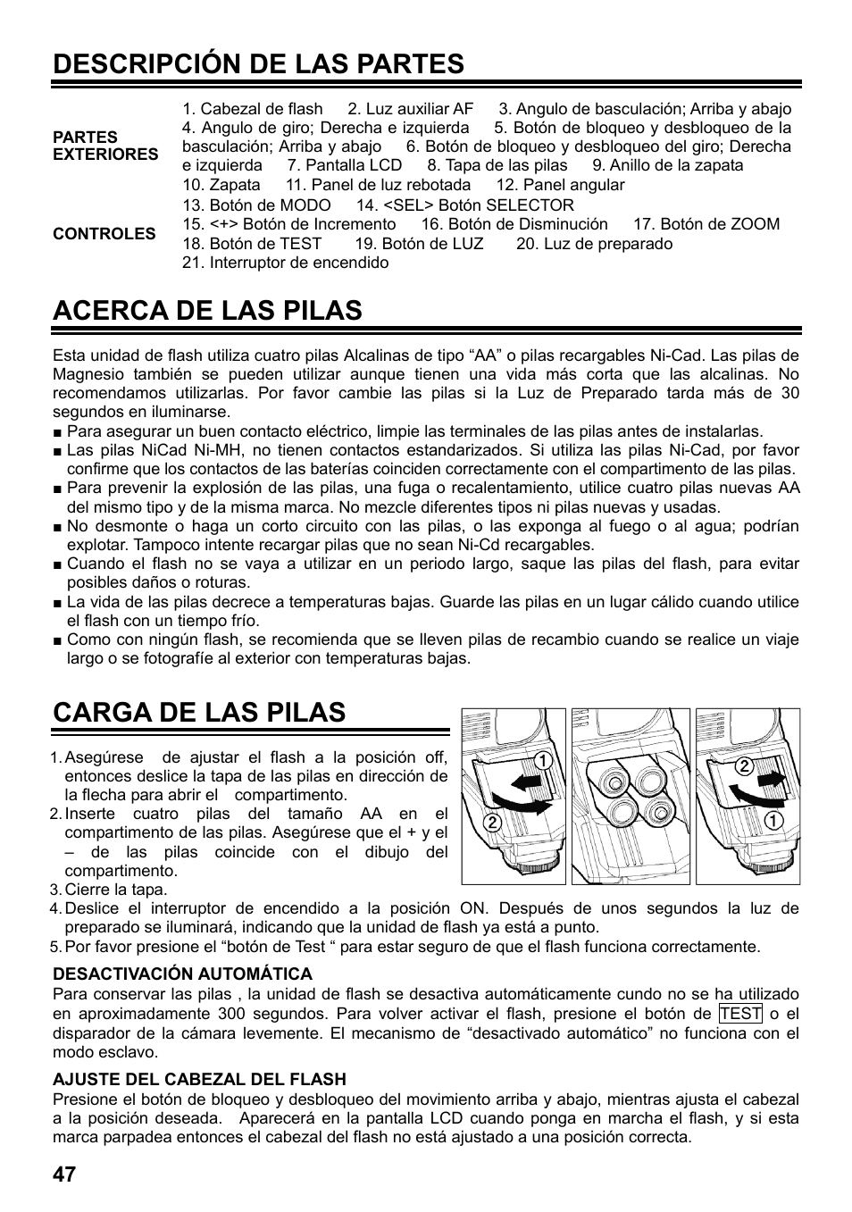 Descripción de las partes, Acerca de las pilas, Carga de las pilas | SIGMA ELECTRONIC FLASH EF-610 DG SUPER SA-STTL (シグマ用) User Manual | Page 48 / 136