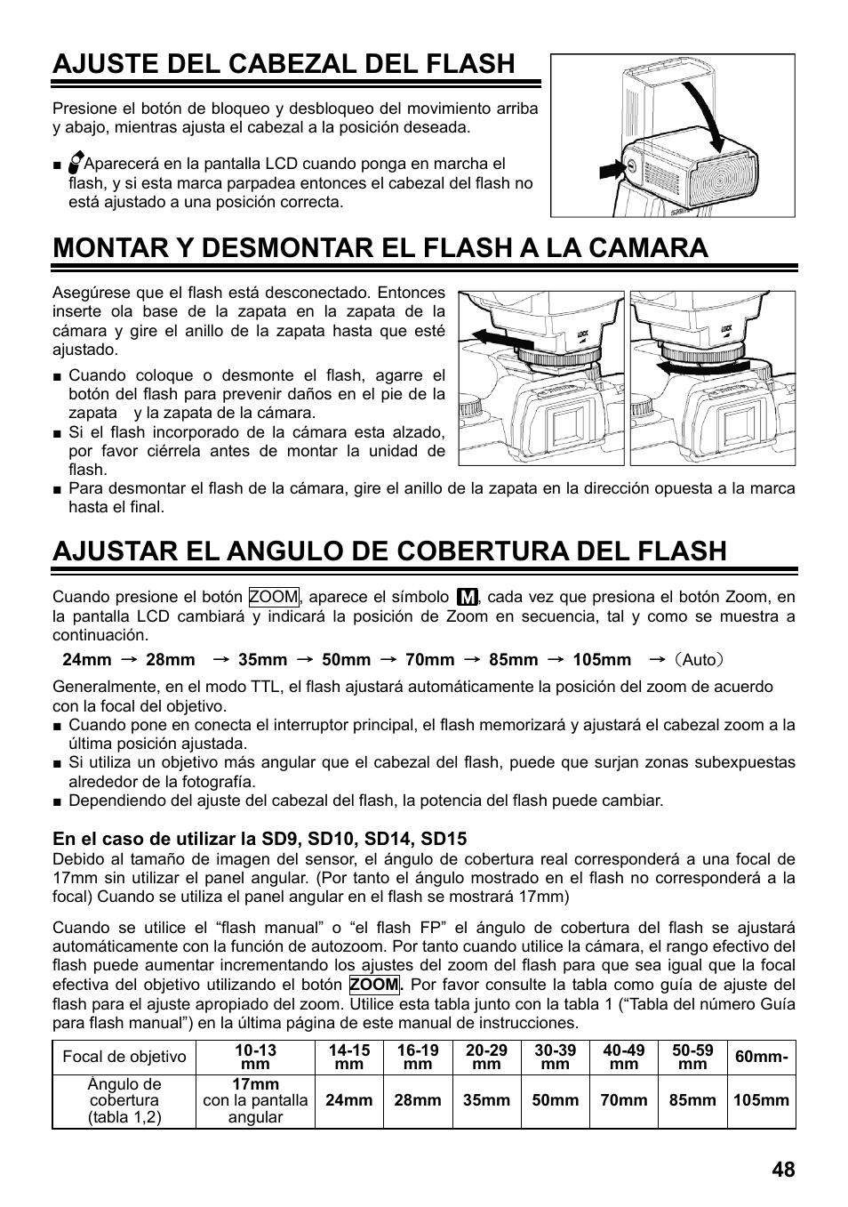 Ajuste del cabezal del flash, Montar y desmontar el flash a la camara, Ajustar el angulo de cobertura del flash | SIGMA ELECTRONIC FLASH EF-610 DG SUPER SA-STTL (シグマ用) User Manual | Page 49 / 136