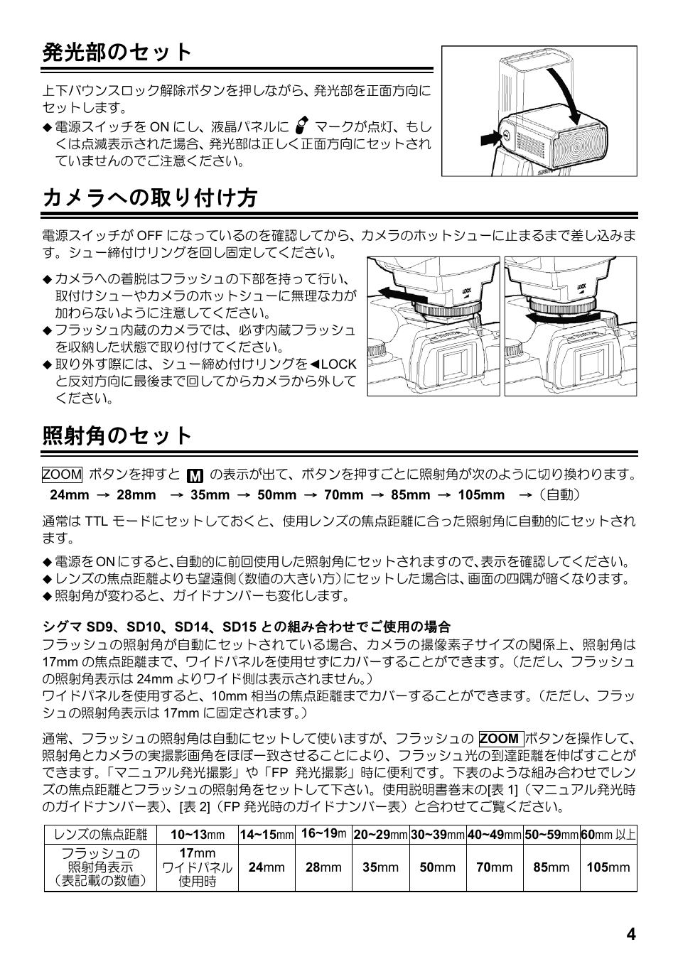 発光部のセット, カメラへの取り付け方, 照射角のセット | SIGMA ELECTRONIC FLASH EF-610 DG SUPER SA-STTL (シグマ用) User Manual | Page 5 / 136