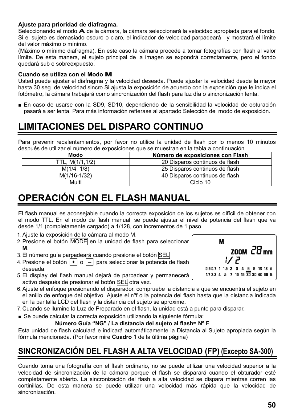 Limitaciones del disparo continuo, Operación con el flash manual, Sincronización del flash a alta velocidad (fp) | Excepto sa-300) | SIGMA ELECTRONIC FLASH EF-610 DG SUPER SA-STTL (シグマ用) User Manual | Page 51 / 136