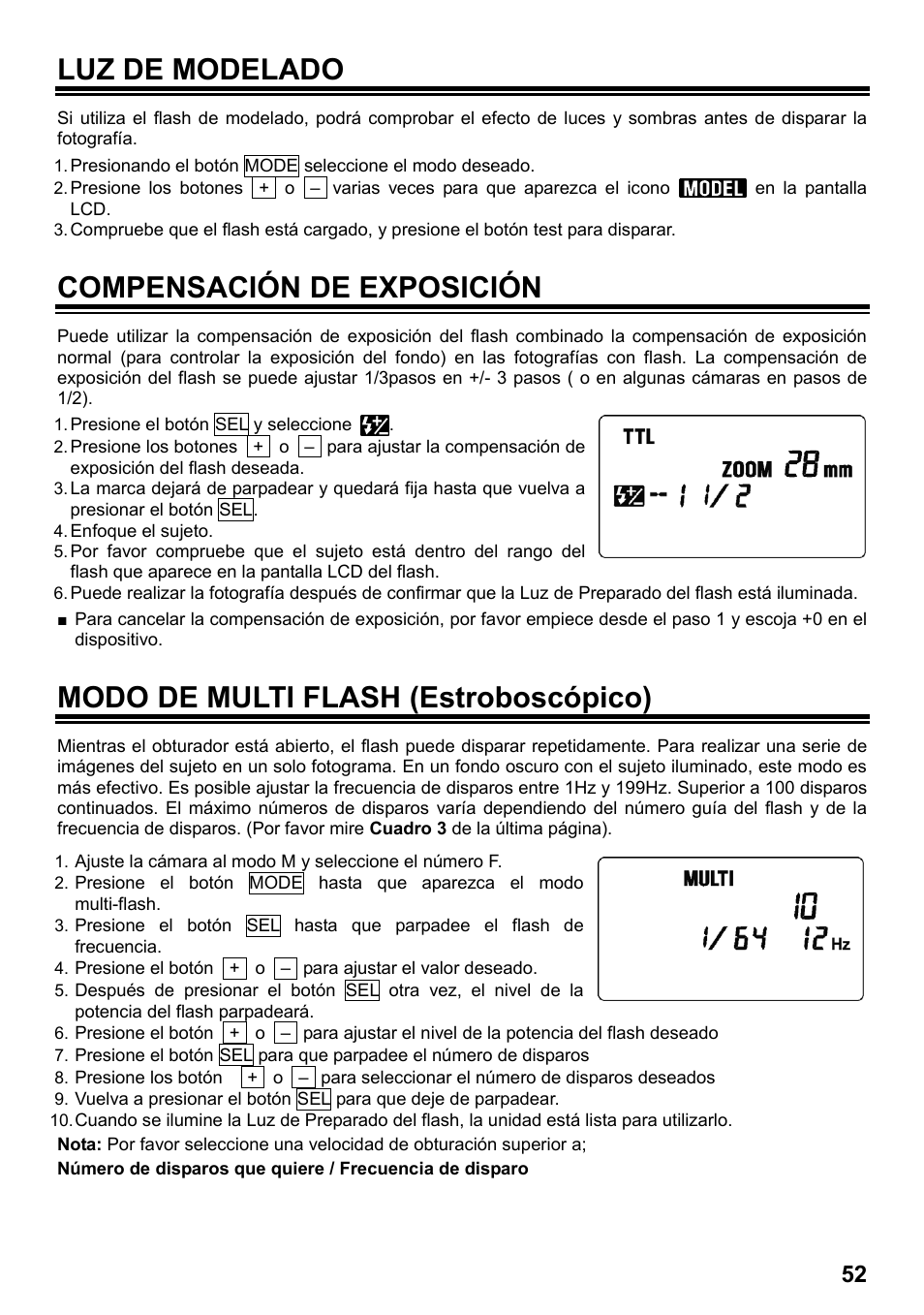 Luz de modelado, Compensación de exposición, Modo de multi flash (estroboscópico) | SIGMA ELECTRONIC FLASH EF-610 DG SUPER SA-STTL (シグマ用) User Manual | Page 53 / 136