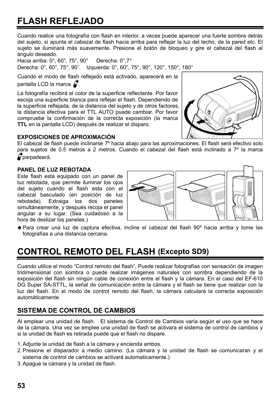 Flash reflejado, Control remoto del flash, Excepto sd9) | SIGMA ELECTRONIC FLASH EF-610 DG SUPER SA-STTL (シグマ用) User Manual | Page 54 / 136