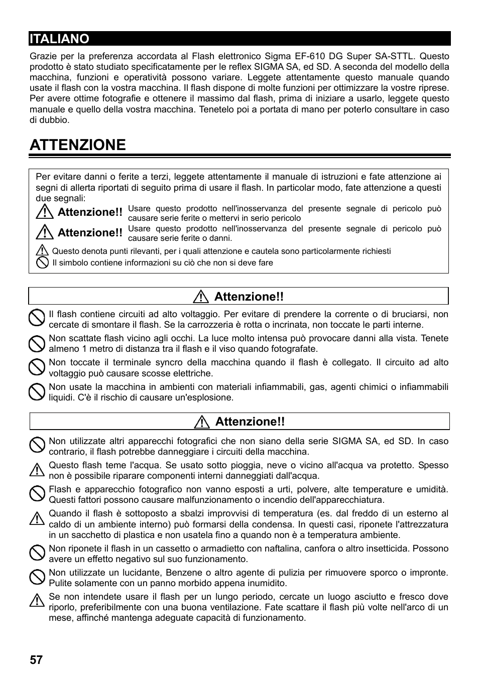 Attenzione, Italiano | SIGMA ELECTRONIC FLASH EF-610 DG SUPER SA-STTL (シグマ用) User Manual | Page 58 / 136