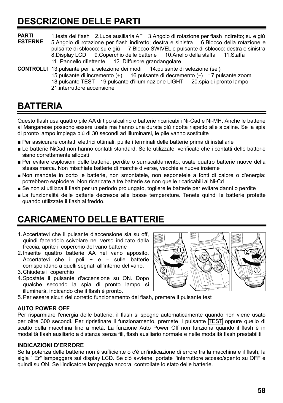 Descrizione delle parti, Batteria, Caricamento delle batterie | SIGMA ELECTRONIC FLASH EF-610 DG SUPER SA-STTL (シグマ用) User Manual | Page 59 / 136