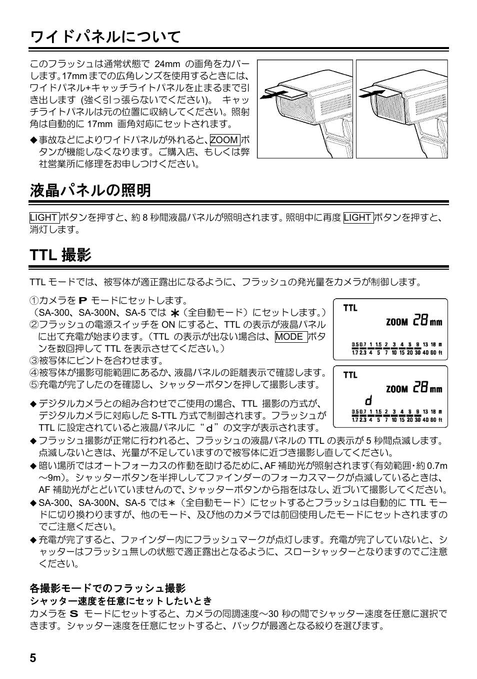 ワイドパネルについて, 液晶パネルの照明, Ttl 撮影 | SIGMA ELECTRONIC FLASH EF-610 DG SUPER SA-STTL (シグマ用) User Manual | Page 6 / 136