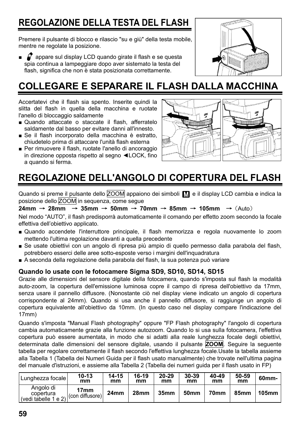 Regolazione della testa del flash, Collegare e separare il flash dalla macchina, Regolazione dell'angolo di copertura del flash | SIGMA ELECTRONIC FLASH EF-610 DG SUPER SA-STTL (シグマ用) User Manual | Page 60 / 136