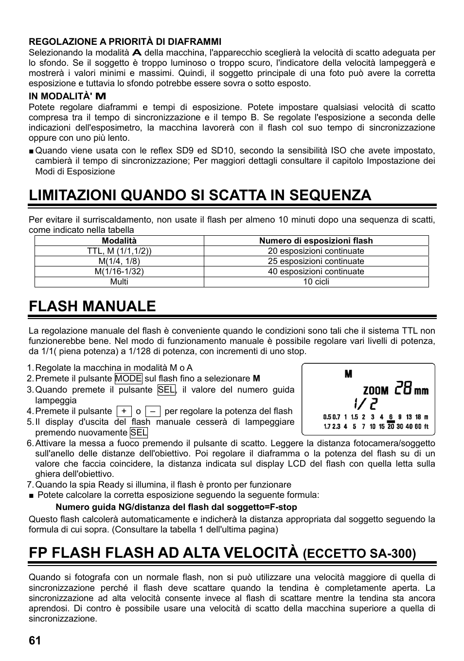 Limitazioni quando si scatta in sequenza, Flash manuale, Fp flash flash ad alta velocità | Eccetto sa-300) | SIGMA ELECTRONIC FLASH EF-610 DG SUPER SA-STTL (シグマ用) User Manual | Page 62 / 136