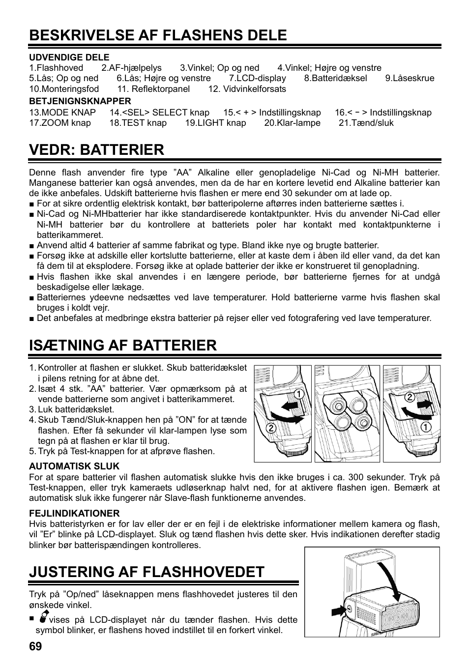 Beskrivelse af flashens dele, Vedr: batterier, Isætning af batterier | Justering af flashhovedet | SIGMA ELECTRONIC FLASH EF-610 DG SUPER SA-STTL (シグマ用) User Manual | Page 70 / 136