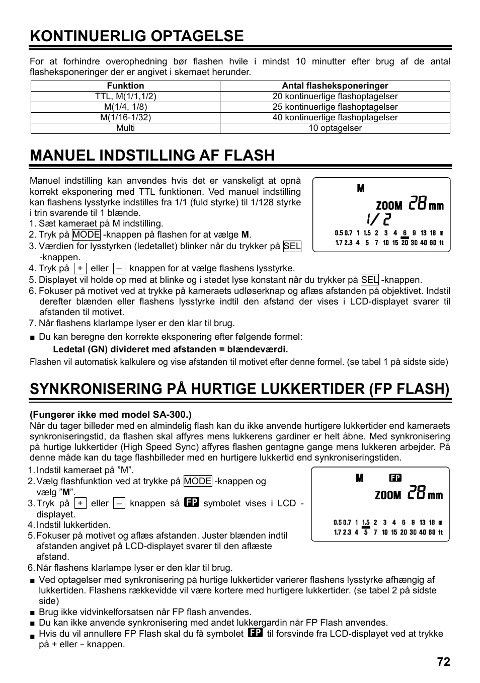 Kontinuerlig optagelse, Manuel indstilling af flash, Synkronisering på hurtige lukkertider (fp flash) | SIGMA ELECTRONIC FLASH EF-610 DG SUPER SA-STTL (シグマ用) User Manual | Page 73 / 136