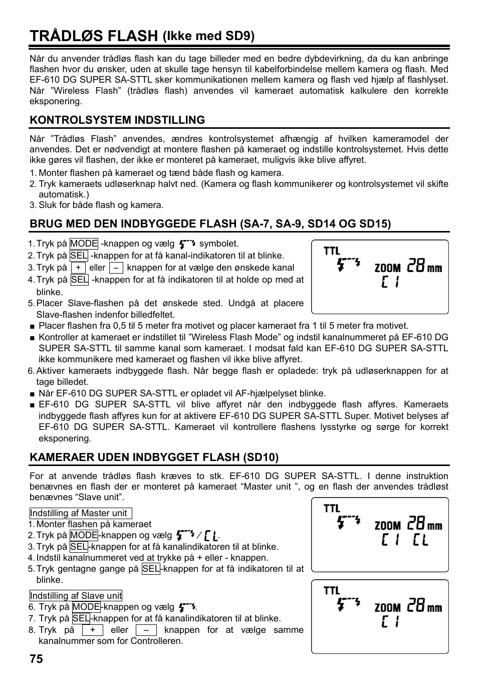 Trådløs flash, Ikke med sd9), Kontrolsystem indstilling | Kameraer uden indbygget flash (sd10) | SIGMA ELECTRONIC FLASH EF-610 DG SUPER SA-STTL (シグマ用) User Manual | Page 76 / 136