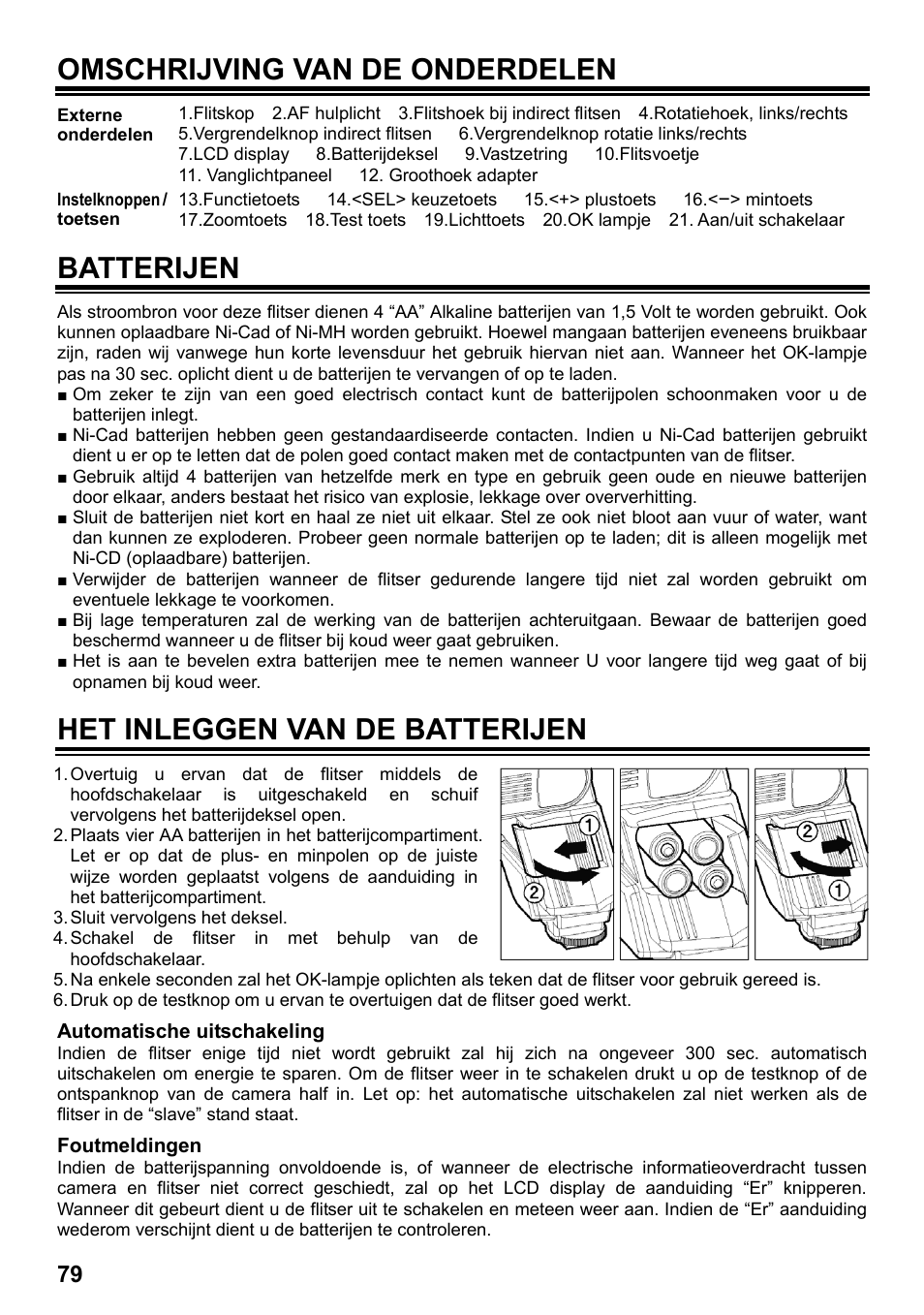 Omschrijving van de onderdelen, Batterijen, Het inleggen van de batterijen | SIGMA ELECTRONIC FLASH EF-610 DG SUPER SA-STTL (シグマ用) User Manual | Page 80 / 136