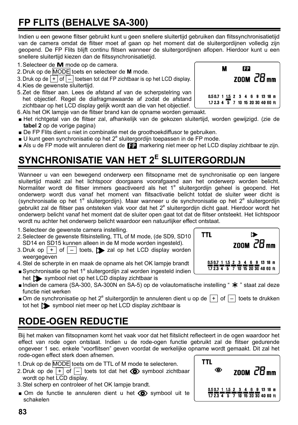 Fp flits (behalve sa-300), Synchronisatie van het 2, Sluitergordijn | Rode-ogen reductie | SIGMA ELECTRONIC FLASH EF-610 DG SUPER SA-STTL (シグマ用) User Manual | Page 84 / 136