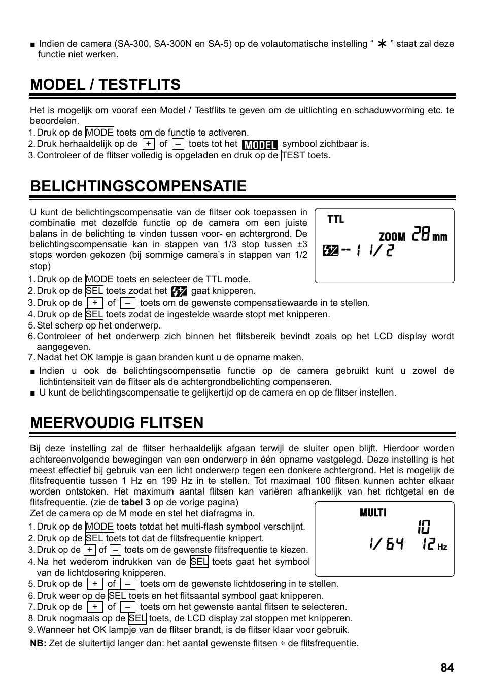 Model / testflits, Belichtingscompensatie, Meervoudig flitsen | SIGMA ELECTRONIC FLASH EF-610 DG SUPER SA-STTL (シグマ用) User Manual | Page 85 / 136