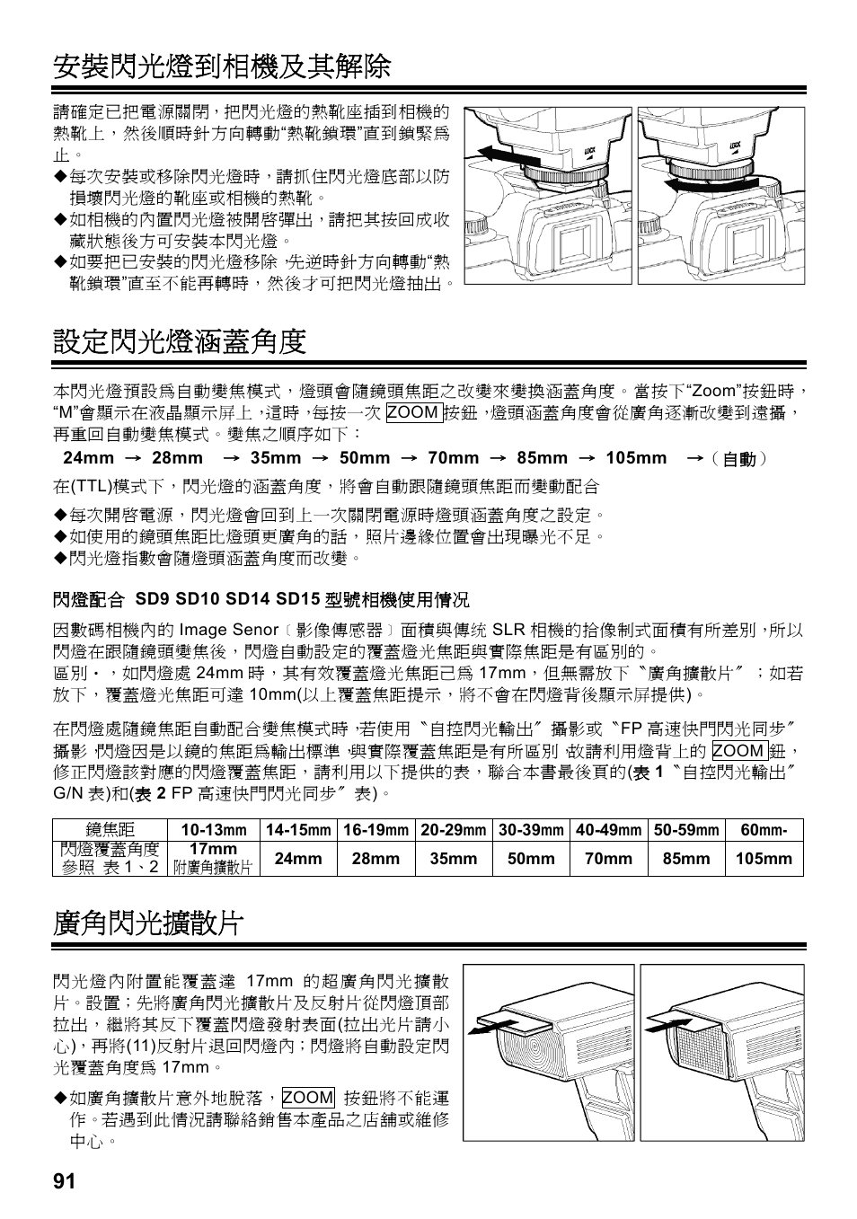 安裝閃光燈到相機及其解除, 設定閃光燈涵蓋角度, 廣角閃光擴散片 | SIGMA ELECTRONIC FLASH EF-610 DG SUPER SA-STTL (シグマ用) User Manual | Page 92 / 136