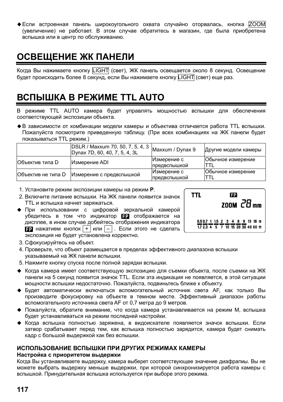Освещение жк панели, Вспышка в режиме ttl auto | SIGMA ELECTRONIC FLASH EF-610 DG SUPER SO-ADI (ソニー用) User Manual | Page 118 / 128