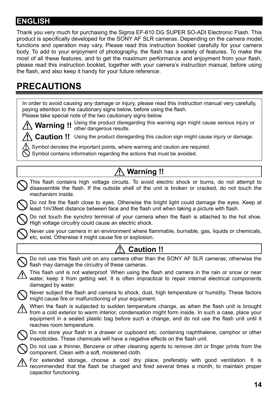 Precautions, English, Warning | Caution | SIGMA ELECTRONIC FLASH EF-610 DG SUPER SO-ADI (ソニー用) User Manual | Page 15 / 128