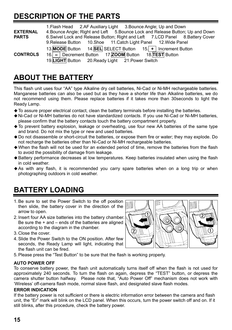 Description of the parts, About the battery, Battery loading | SIGMA ELECTRONIC FLASH EF-610 DG SUPER SO-ADI (ソニー用) User Manual | Page 16 / 128