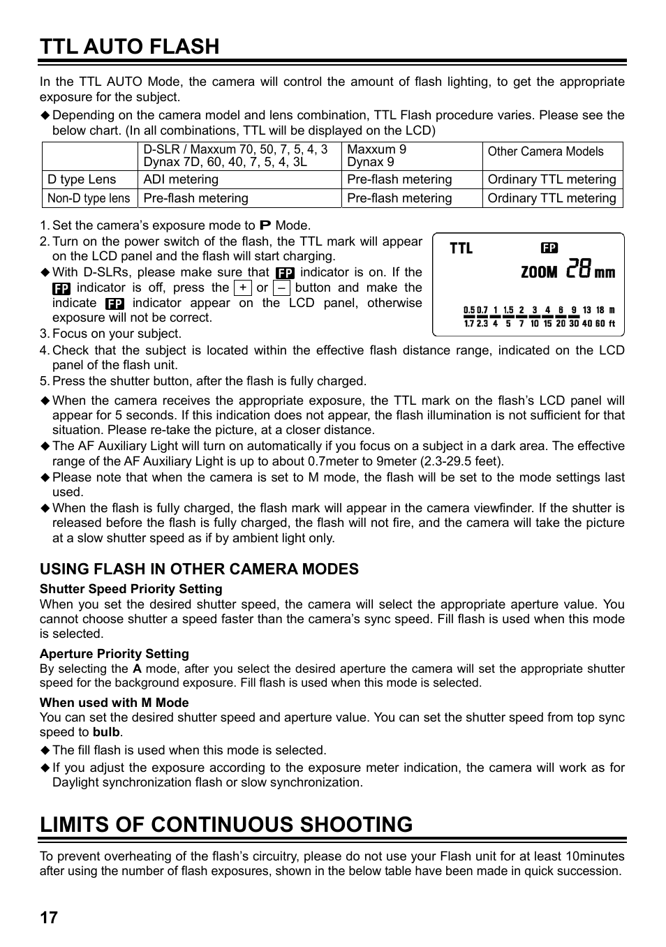 Ttl auto flash, Limits of continuous shooting, Using flash in other camera modes | SIGMA ELECTRONIC FLASH EF-610 DG SUPER SO-ADI (ソニー用) User Manual | Page 18 / 128