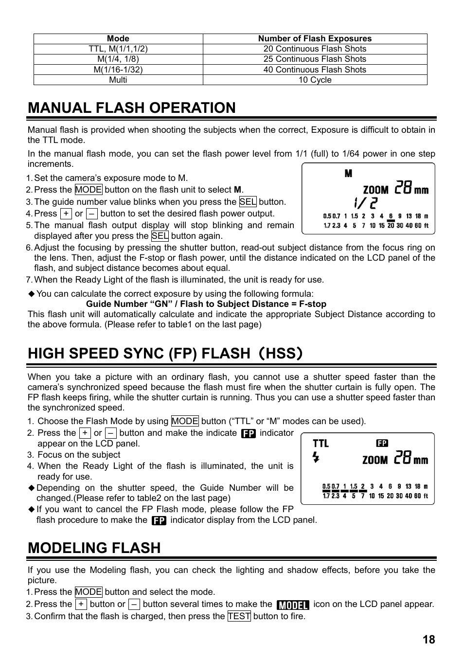 Manual flash operation, High speed sync (fp) flash （ hss, Modeling flash | SIGMA ELECTRONIC FLASH EF-610 DG SUPER SO-ADI (ソニー用) User Manual | Page 19 / 128