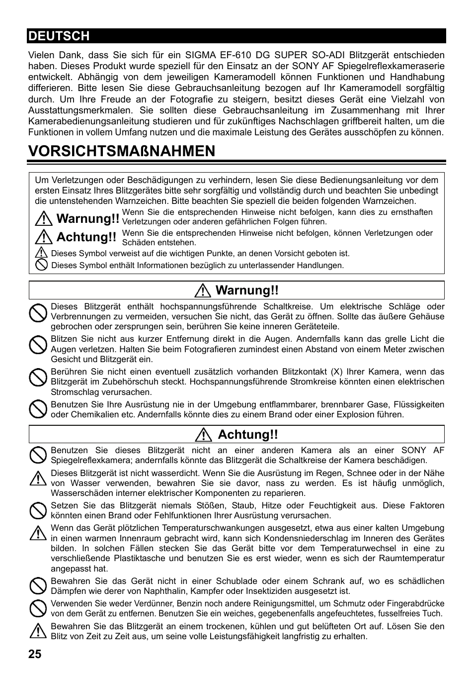 Vorsichtsmaßnahmen, Deutsch, Achtung | Warnung | SIGMA ELECTRONIC FLASH EF-610 DG SUPER SO-ADI (ソニー用) User Manual | Page 26 / 128