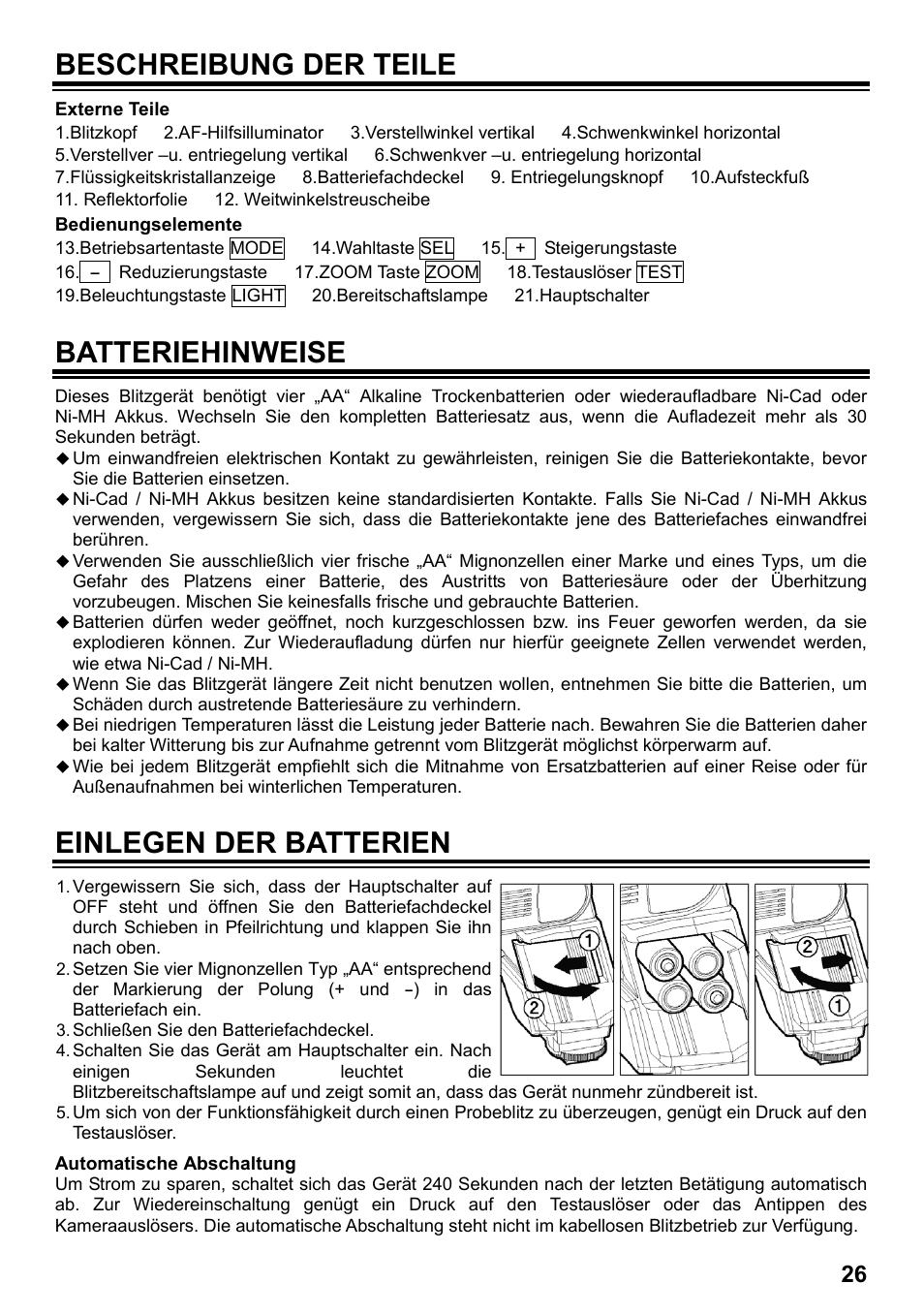 Beschreibung der teile, Batteriehinweise, Einlegen der batterien | SIGMA ELECTRONIC FLASH EF-610 DG SUPER SO-ADI (ソニー用) User Manual | Page 27 / 128