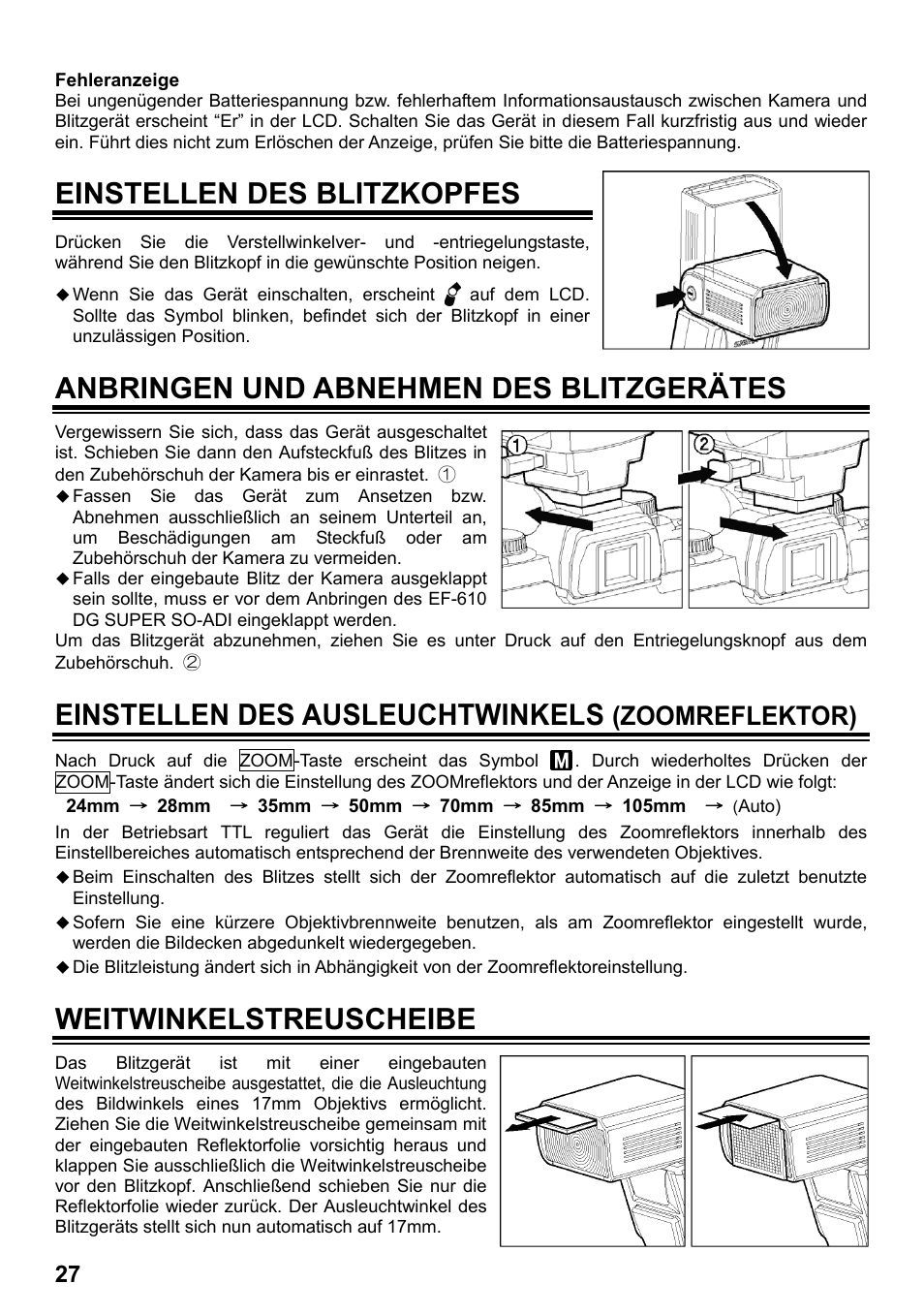 Einstellen des blitzkopfes, Anbringen und abnehmen des blitzgerätes, Einstellen des ausleuchtwinkels | Weitwinkelstreuscheibe, Zoomreflektor) | SIGMA ELECTRONIC FLASH EF-610 DG SUPER SO-ADI (ソニー用) User Manual | Page 28 / 128