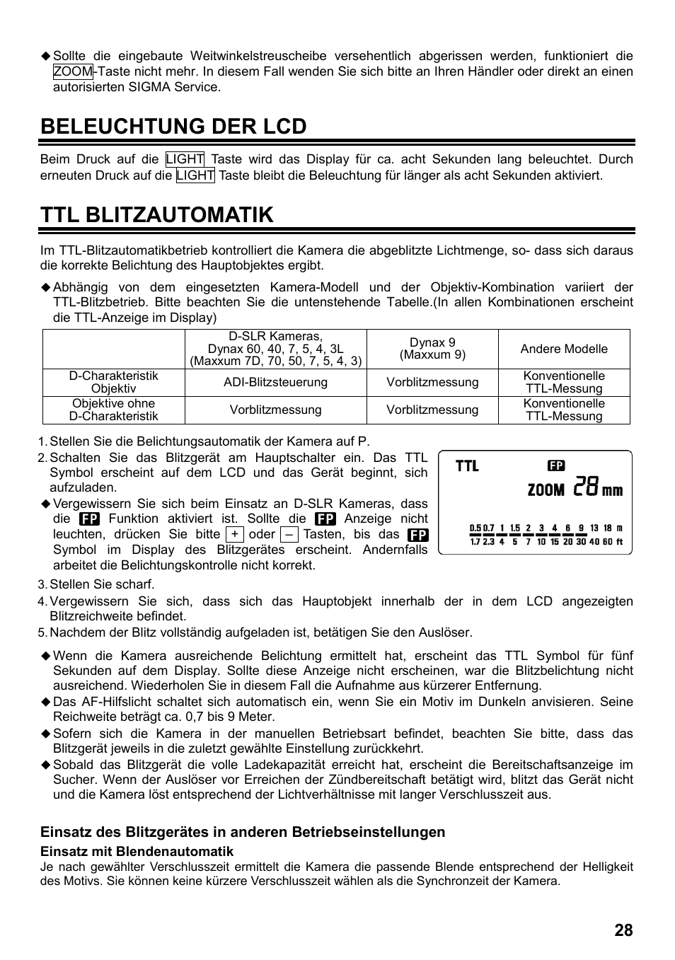 Beleuchtung der lcd, Ttl blitzautomatik | SIGMA ELECTRONIC FLASH EF-610 DG SUPER SO-ADI (ソニー用) User Manual | Page 29 / 128