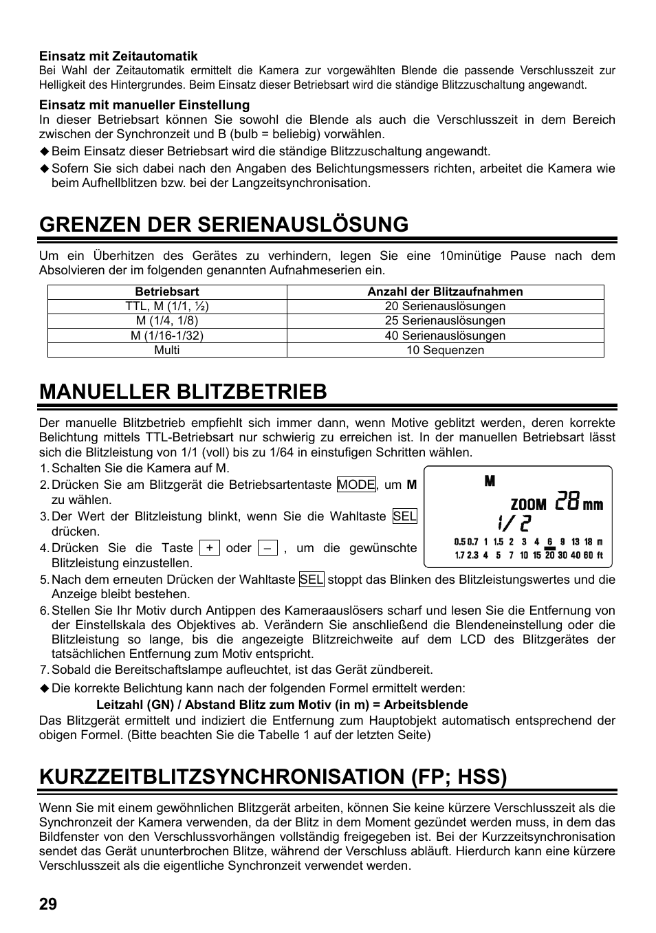 Grenzen der serienauslösung, Manueller blitzbetrieb, Kurzzeitblitzsynchronisation (fp; hss) | SIGMA ELECTRONIC FLASH EF-610 DG SUPER SO-ADI (ソニー用) User Manual | Page 30 / 128