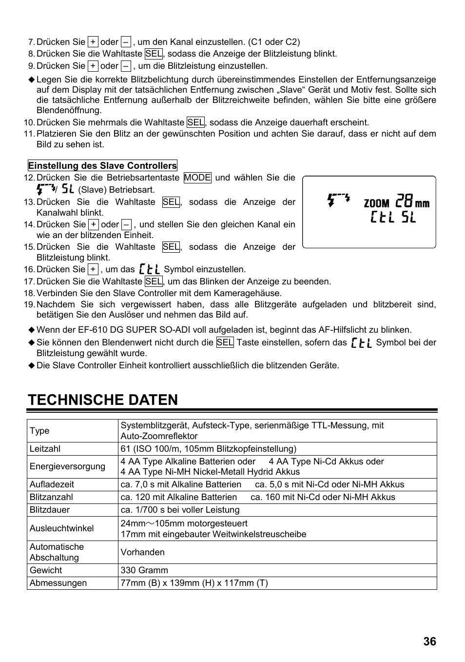 Technische daten | SIGMA ELECTRONIC FLASH EF-610 DG SUPER SO-ADI (ソニー用) User Manual | Page 37 / 128