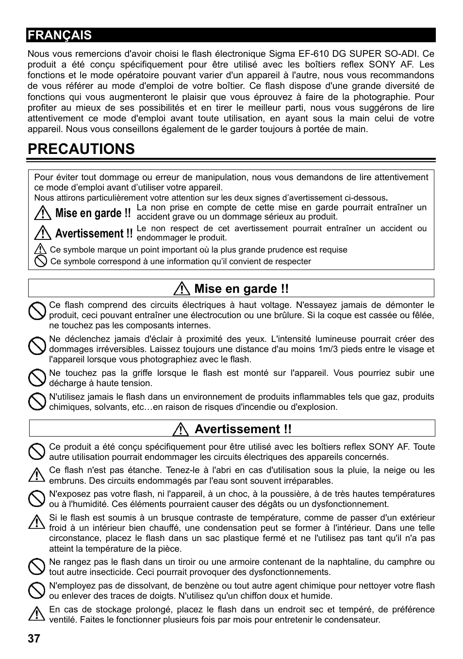 Precautions, Français, Avertissement | Mise en garde | SIGMA ELECTRONIC FLASH EF-610 DG SUPER SO-ADI (ソニー用) User Manual | Page 38 / 128