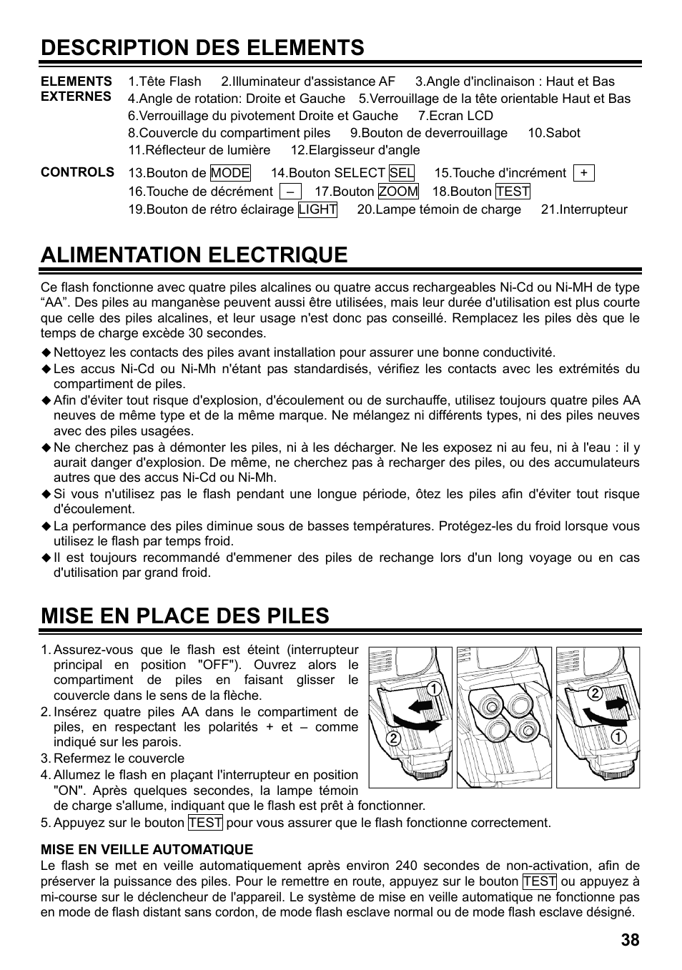 Description des elements, Alimentation electrique, Mise en place des piles | SIGMA ELECTRONIC FLASH EF-610 DG SUPER SO-ADI (ソニー用) User Manual | Page 39 / 128