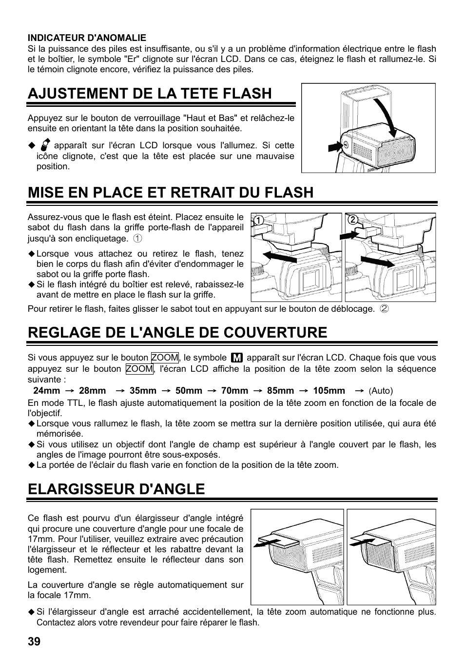 Ajustement de la tete flash, Mise en place et retrait du flash, Reglage de l'angle de couverture | Elargisseur d'angle | SIGMA ELECTRONIC FLASH EF-610 DG SUPER SO-ADI (ソニー用) User Manual | Page 40 / 128