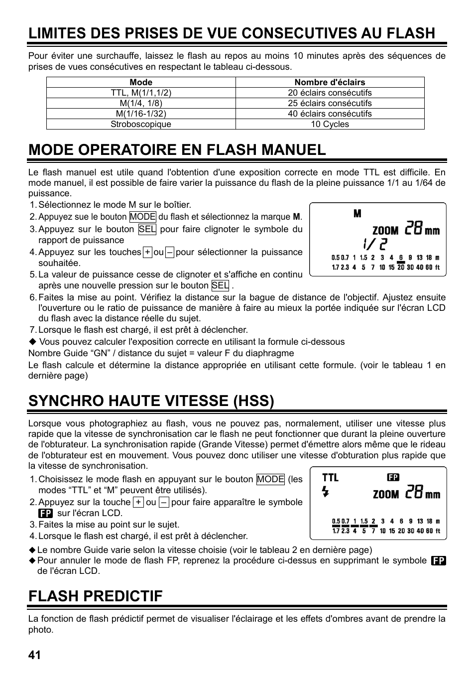 Limites des prises de vue consecutives au flash, Mode operatoire en flash manuel, Synchro haute vitesse (hss) | Flash predictif | SIGMA ELECTRONIC FLASH EF-610 DG SUPER SO-ADI (ソニー用) User Manual | Page 42 / 128