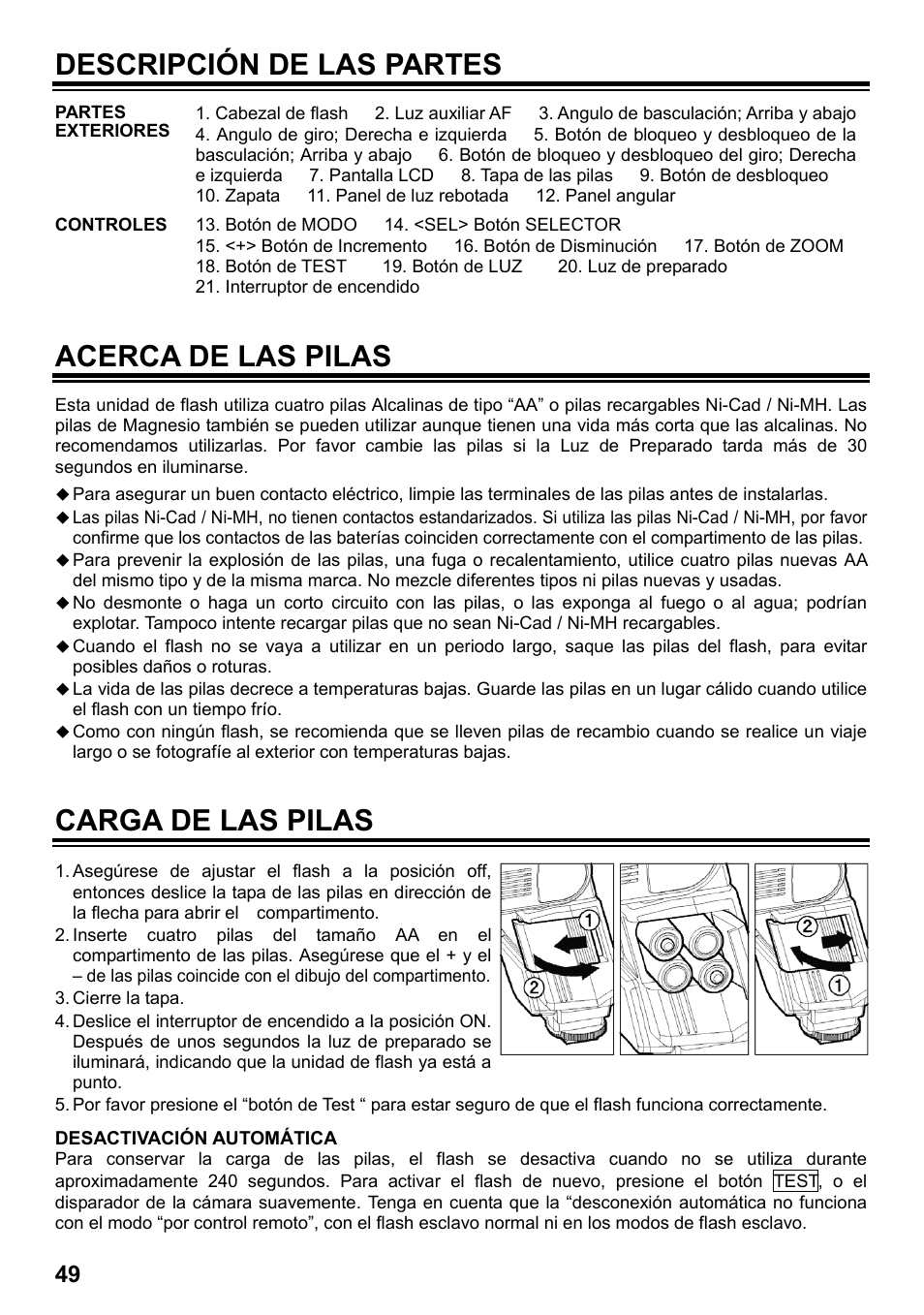 Descripción de las partes, Acerca de las pilas, Carga de las pilas | SIGMA ELECTRONIC FLASH EF-610 DG SUPER SO-ADI (ソニー用) User Manual | Page 50 / 128