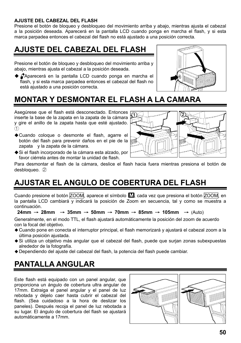 Ajuste del cabezal del flash, Montar y desmontar el flash a la camara, Ajustar el angulo de cobertura del flash | Pantalla angular | SIGMA ELECTRONIC FLASH EF-610 DG SUPER SO-ADI (ソニー用) User Manual | Page 51 / 128