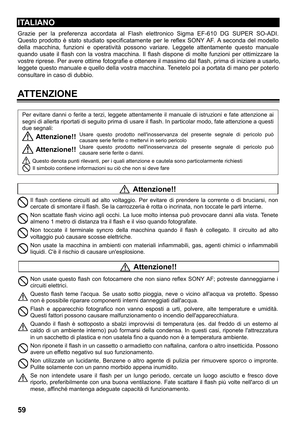 Attenzione, Italiano | SIGMA ELECTRONIC FLASH EF-610 DG SUPER SO-ADI (ソニー用) User Manual | Page 60 / 128