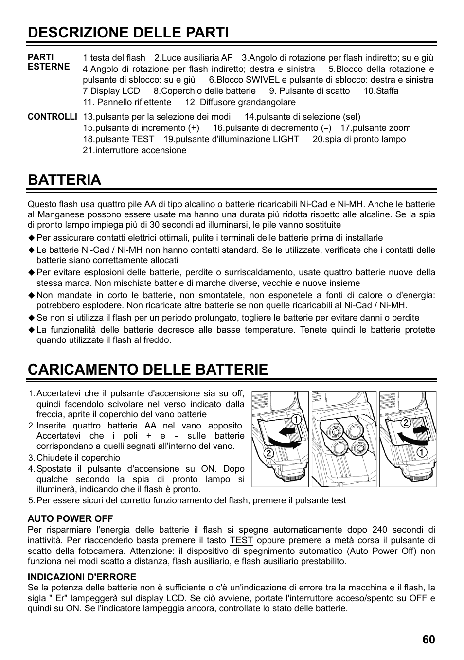 Descrizione delle parti, Batteria, Caricamento delle batterie | SIGMA ELECTRONIC FLASH EF-610 DG SUPER SO-ADI (ソニー用) User Manual | Page 61 / 128