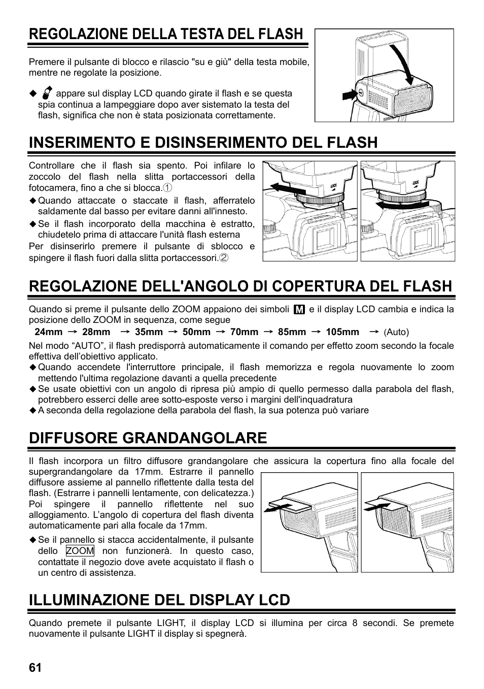 Regolazione della testa del flash, Inserimento e disinserimento del flash, Regolazione dell'angolo di copertura del flash | Diffusore grandangolare, Illuminazione del display lcd | SIGMA ELECTRONIC FLASH EF-610 DG SUPER SO-ADI (ソニー用) User Manual | Page 62 / 128