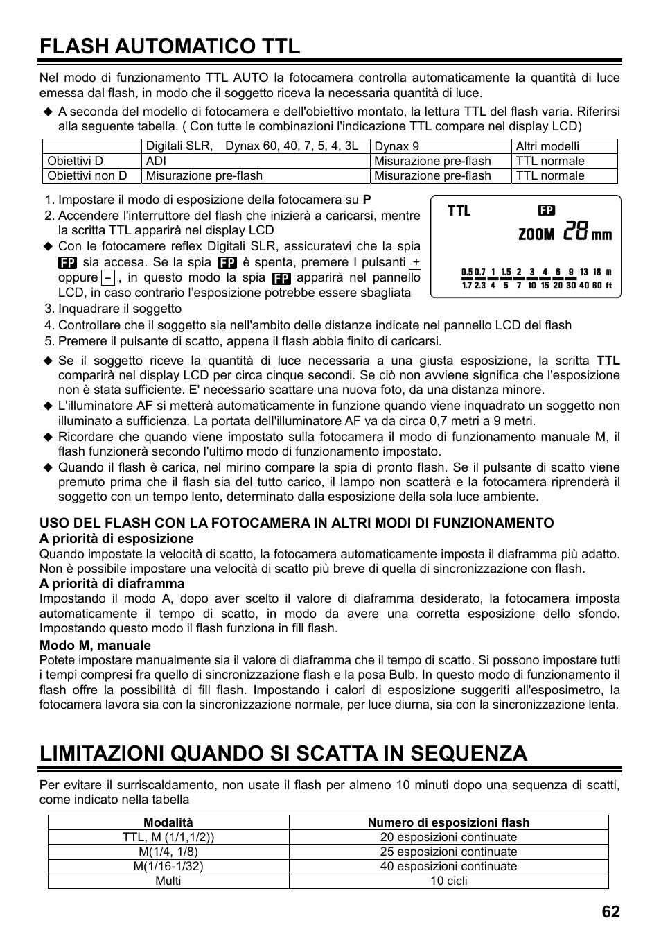 Flash automatico ttl, Limitazioni quando si scatta in sequenza | SIGMA ELECTRONIC FLASH EF-610 DG SUPER SO-ADI (ソニー用) User Manual | Page 63 / 128