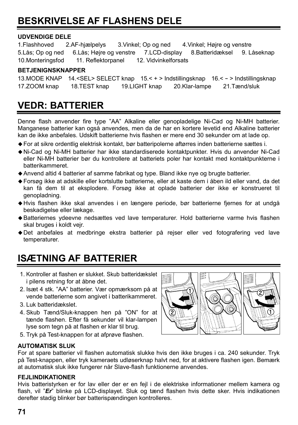 Beskrivelse af flashens dele, Vedr: batterier, Isætning af batterier | SIGMA ELECTRONIC FLASH EF-610 DG SUPER SO-ADI (ソニー用) User Manual | Page 72 / 128