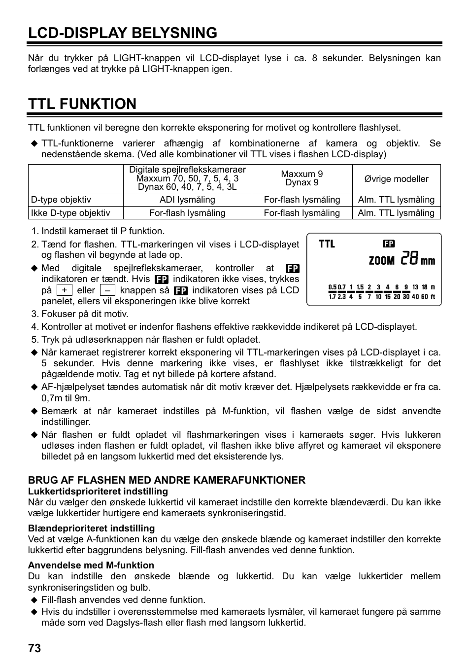 Lcd-display belysning, Ttl funktion | SIGMA ELECTRONIC FLASH EF-610 DG SUPER SO-ADI (ソニー用) User Manual | Page 74 / 128